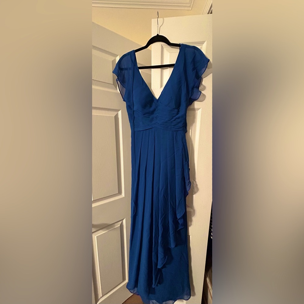 Azazie Bridesmaid Dress Royal Blue Sz A4 Esme Ruffle Flutter Sleeve Chiffon